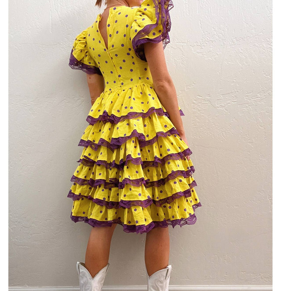 Vintage 1970's Yellow Purple Polka Dot Ruffle Lace Tiered Midi Dress - Picture 3 of 6